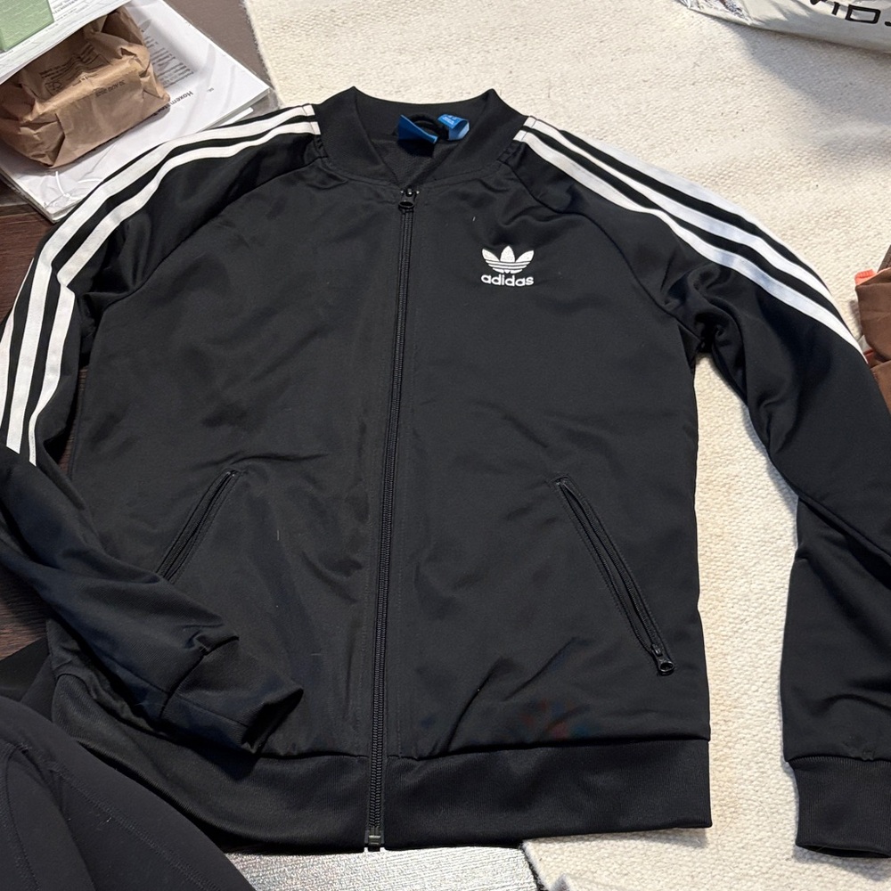 Adidas Men's Black Bomber Jacket with White Stripes